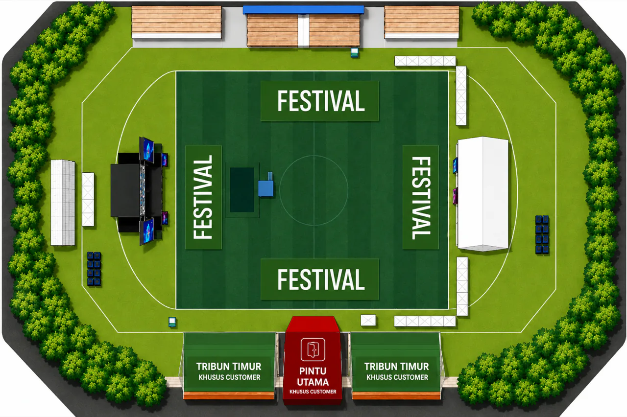 Denah area pelanggan Infly: lapangan Festival dan Tribun Timur